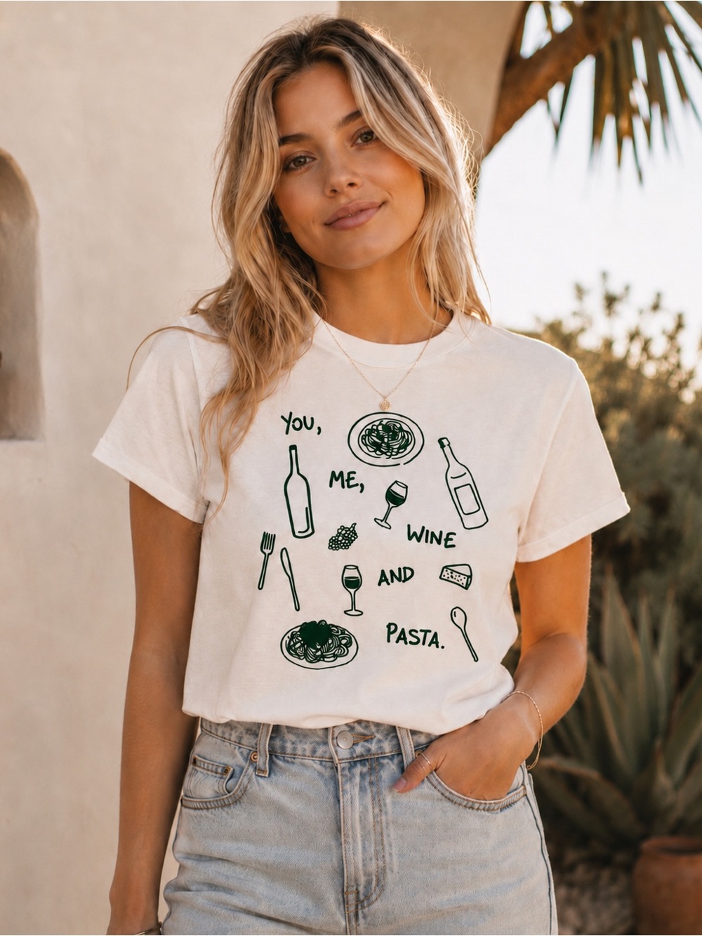 Wildfox You Me Wine & Pasta Graphic Tee White Green Boho Foodie Small